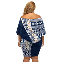 Hawaii Plumeria Tribal Vintage Off Shoulder Short Dress Special Blue LT03 - Polynesian Pride