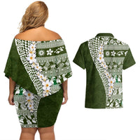 Hawaii Plumeria Tribal Vintage Couples Matching Off Shoulder Short Dress and Hawaiian Shirt Special Green LT03 - Polynesian Pride