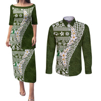 Hawaii Plumeria Tribal Vintage Couples Matching Puletasi and Long Sleeve Button Shirt Special Green LT03 Green - Polynesian Pride