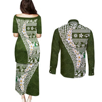 Hawaii Plumeria Tribal Vintage Couples Matching Puletasi and Long Sleeve Button Shirt Special Green LT03 - Polynesian Pride