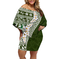 Hawaii Plumeria Tribal Vintage Off Shoulder Short Dress Special Green LT03 Women Green - Polynesian Pride
