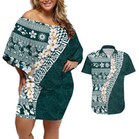 Hawaii Plumeria Tribal Vintage Couples Matching Off Shoulder Short Dress and Hawaiian Shirt Special Turquoise LT03 Turquoise - Polynesian Pride