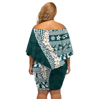 Hawaii Plumeria Tribal Vintage Off Shoulder Short Dress Special Turquoise LT03 - Polynesian Pride