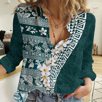 Hawaii Plumeria Tribal Vintage Women Casual Shirt Special Turquoise