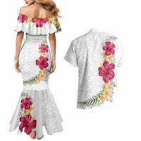 Hawaiian Plumeria and Hibiscus Couples Matching Mermaid Dress and Hawaiian Shirt White Mode