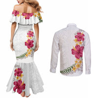 Hawaiian Plumeria and Hibiscus Couples Matching Mermaid Dress and Long Sleeve Button Shirt White Mode LT03 - Polynesian Pride