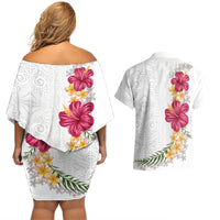Hawaiian Plumeria and Hibiscus Couples Matching Off Shoulder Short Dress and Hawaiian Shirt White Mode LT03 - Polynesian Pride