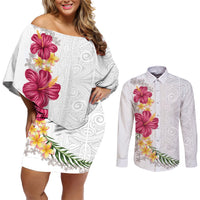 Hawaiian Plumeria and Hibiscus Couples Matching Off Shoulder Short Dress and Long Sleeve Button Shirt White Mode LT03 White - Polynesian Pride