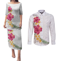 Hawaiian Plumeria and Hibiscus Couples Matching Puletasi and Long Sleeve Button Shirt White Mode