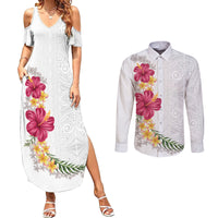 Hawaiian Plumeria and Hibiscus Couples Matching Summer Maxi Dress and Long Sleeve Button Shirt White Mode LT03 White - Polynesian Pride