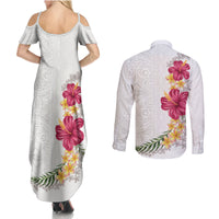 Hawaiian Plumeria and Hibiscus Couples Matching Summer Maxi Dress and Long Sleeve Button Shirt White Mode LT03 - Polynesian Pride