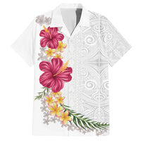 Hawaiian Plumeria and Hibiscus Family Matching Off The Shoulder Long Sleeve Dress and Hawaiian Shirt White Mode