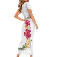 Hawaiian Plumeria and Hibiscus Short Sleeve Bodycon Dress White Mode