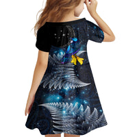 New Zealand Tui Bird Matariki Family Matching Off The Shoulder Long Sleeve Dress and Hawaiian Shirt Galaxy Fern With Maori Pattern