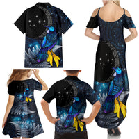 New Zealand Tui Bird Matariki Family Matching Summer Maxi Dress and Hawaiian Shirt Galaxy Fern With Maori Pattern