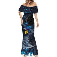 New Zealand Tui Bird Matariki Mermaid Dress Galaxy Fern With Maori Pattern LT03 - Polynesian Pride
