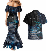 New Zealand Tui Bird Couples Matching Mermaid Dress and Hawaiian Shirt Matariki Poetry Pattern Galaxy Style
