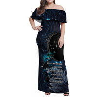 New Zealand Tui Bird Family Matching Off Shoulder Maxi Dress and Hawaiian Shirt Matariki Poetry Pattern Galaxy Style