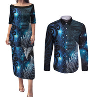 New Zealand Matariki Couples Matching Puletasi and Long Sleeve Button Shirt The Tribal Maori Face and Silver Fern LT03 Blue - Polynesian Pride