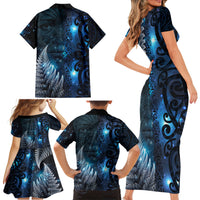 New Zealand Matariki Family Matching Short Sleeve Bodycon Dress and Hawaiian Shirt The Tribal Maori Face and Silver Fern