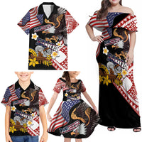 United States and American Samoa Together Family Matching Off Shoulder Maxi Dress and Hawaiian Shirt Bald Eagle and Polynesian Traditional Culture with Plumeria