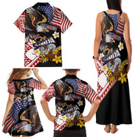 United States and American Samoa Together Family Matching Tank Maxi Dress and Hawaiian Shirt Bald Eagle and Polynesian Traditional Culture with Plumeria