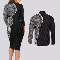 Hawaiian Traditional Tattoos Couples Matching Long Sleeve Bodycon Dress and Long Sleeve Button Shirt Kakau Tribal Tropical Plant Motif Black Color