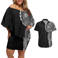 Hawaiian Traditional Tattoos Couples Matching Off Shoulder Short Dress and Hawaiian Shirt Kakau Tribal Tropical Plant Motif Black Color