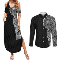 Hawaiian Traditional Tattoos Couples Matching Summer Maxi Dress and Long Sleeve Button Shirt Kakau Tribal Tropical Plant Motif Black Color