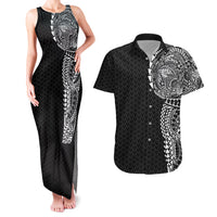 Hawaiian Traditional Tattoos Couples Matching Tank Maxi Dress and Hawaiian Shirt Kakau Tribal Tropical Plant Motif Black Color