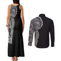 Hawaiian Traditional Tattoos Couples Matching Tank Maxi Dress and Long Sleeve Button Shirt Kakau Tribal Tropical Plant Motif Black Color