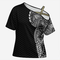 Hawaiian Traditional Tattoos Cross Shoulder Shirt Kakau Tribal Tropical Plant Motif Black Color