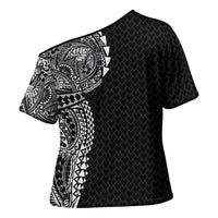 Hawaiian Traditional Tattoos Cross Shoulder Shirt Kakau Tribal Tropical Plant Motif Black Color