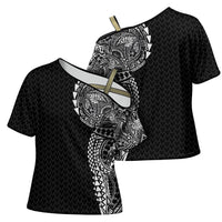 Hawaiian Traditional Tattoos Cross Shoulder Shirt Kakau Tribal Tropical Plant Motif Black Color