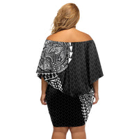 Hawaiian Traditional Tattoos Family Matching Off Shoulder Short Dress and Hawaiian Shirt Kakau Tribal Tropical Plant Motif Black Color