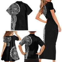Hawaiian Traditional Tattoos Family Matching Short Sleeve Bodycon Dress and Hawaiian Shirt Kakau Tribal Tropical Plant Motif Black Color