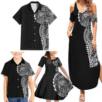 Hawaiian Traditional Tattoos Family Matching Summer Maxi Dress and Hawaiian Shirt Kakau Tribal Tropical Plant Motif Black Color