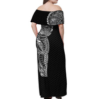 Hawaiian Traditional Tattoos Off Shoulder Maxi Dress Kakau Tribal Tropical Plant Motif Black Color