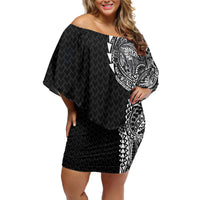 Hawaiian Traditional Tattoos Off Shoulder Short Dress Kakau Tribal Tropical Plant Motif Black Color