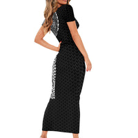 Hawaiian Traditional Tattoos Short Sleeve Bodycon Dress Kakau Tribal Tropical Plant Motif Black Color