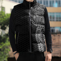 Hawaiian Traditional Tattoos Sleeveless Puffer Jacket Kakau Tribal Tropical Plant Motif Black Color