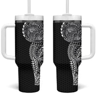 Hawaiian Traditional Tattoos Tumbler With Handle Kakau Tribal Tropical Plant Motif Black Color