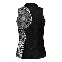 Hawaiian Traditional Tattoos Women Sleeveless Polo Shirt Kakau Tribal Tropical Plant Motif Black Color