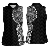 Hawaiian Traditional Tattoos Women Sleeveless Polo Shirt Kakau Tribal Tropical Plant Motif Black Color