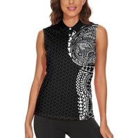 Hawaiian Traditional Tattoos Women Sleeveless Polo Shirt Kakau Tribal Tropical Plant Motif Black Color