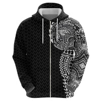 Hawaiian Traditional Tattoos Zip Hoodie Kakau Tribal Tropical Plant Motif Black Color