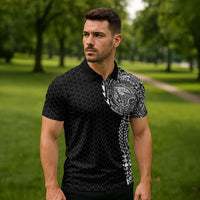 Hawaiian Traditional Tattoos Zipper Polo Shirt Kakau Tribal Tropical Plant Motif Black Color