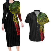 Hawaiian Traditional Tattoos Couples Matching Long Sleeve Bodycon Dress and Hawaiian Shirt Kakau Tribal Tropical Plant Motif Kanaka Maoli Flag Color Inspired