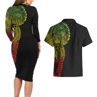 Hawaiian Traditional Tattoos Couples Matching Long Sleeve Bodycon Dress and Hawaiian Shirt Kakau Tribal Tropical Plant Motif Kanaka Maoli Flag Color Inspired