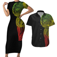 Hawaiian Traditional Tattoos Couples Matching Short Sleeve Bodycon Dress and Hawaiian Shirt Kakau Tribal Tropical Plant Motif Kanaka Maoli Flag Color Inspired